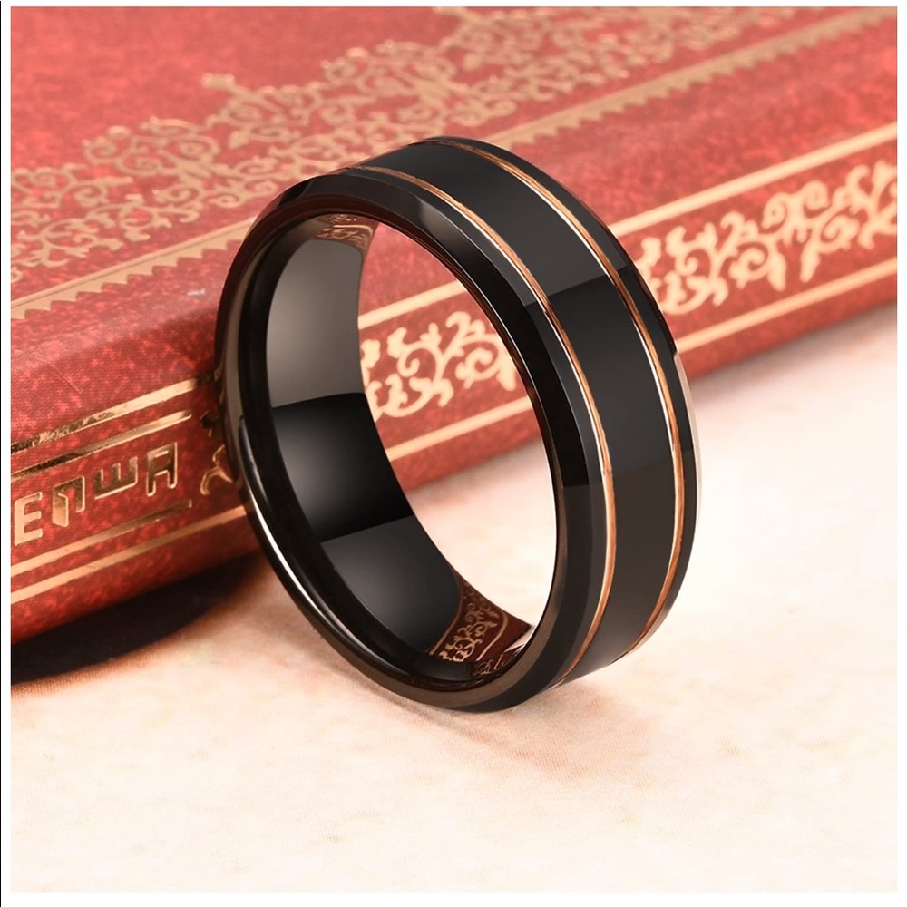 THREE KEYS JEWELRY 8mm Black Tungsten Carbide Ring–Rose Gold Accents–New in Box